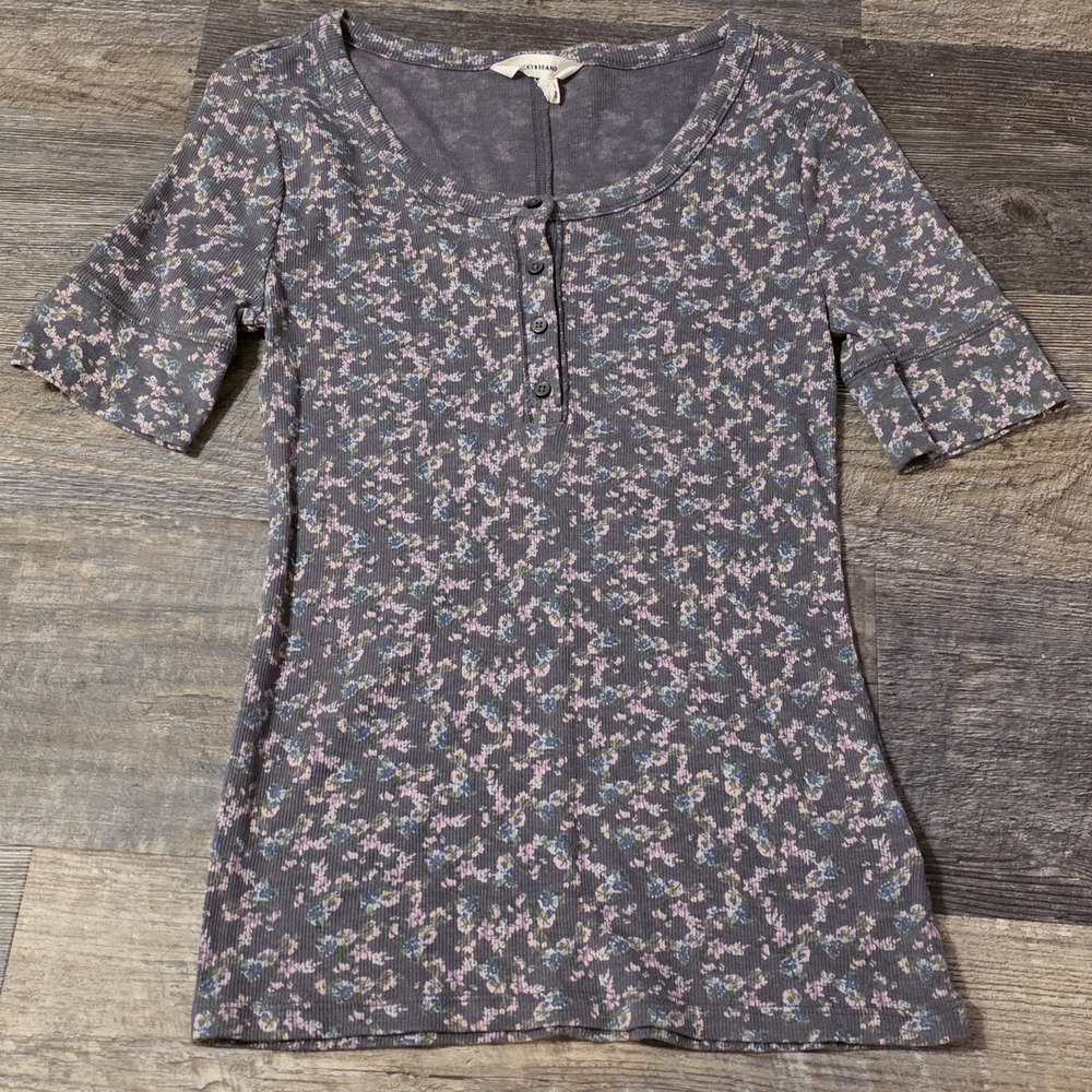 Lucky Brand Gray and Pink Floral Short Sleeve Tee